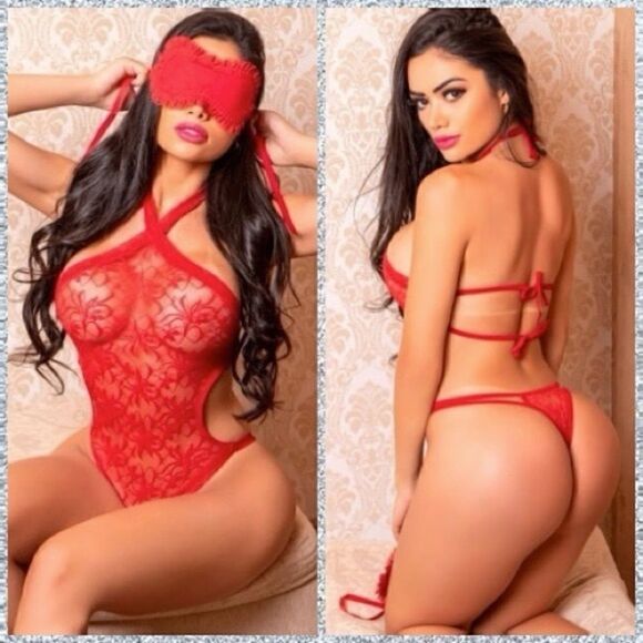 Red Halter Neck Lace Sexy Teddy - Picture 1 of 13